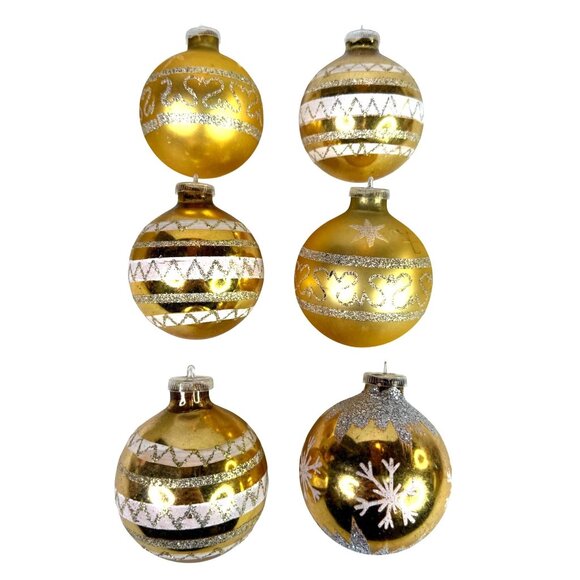 6 VTG Glass Christmas Ornament Gold stencil Mica Made W Germany Hand-Painted Box - Picture 3 of 15